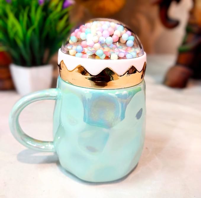 Metallic Holographic Pastel Tea & Coffee Mug with Cute Foam Ball Lid – Pearl Glazed Finish, 410ML Decorative Cup for Home Décor & Gifting (Random Color)