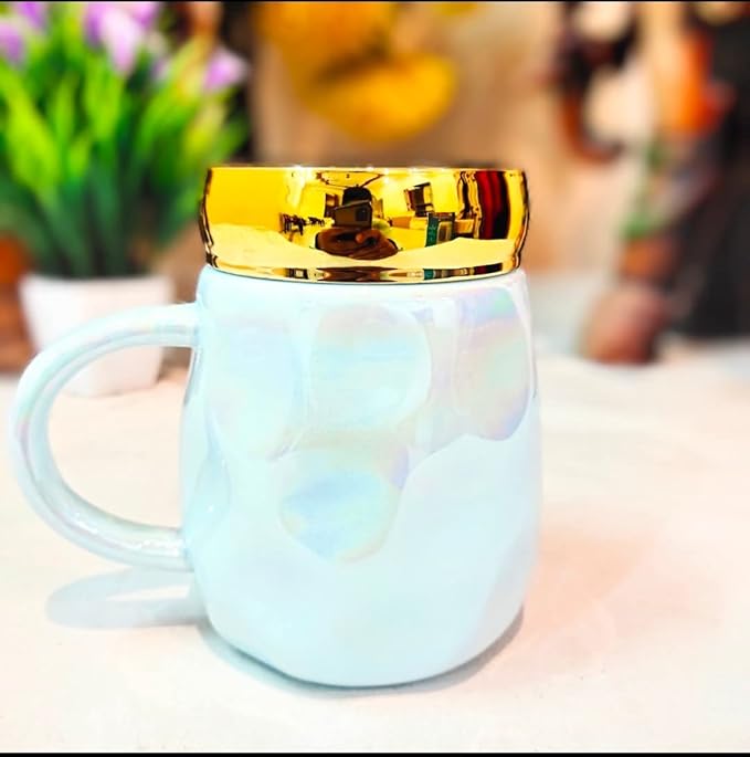 Metallic Holographic Pastel Tea with Mirror lid on top/Coffee Mug | Pearl Glazed Finish | Modern Art | Minimal Design | 350 ML | Ideal for Home Décor & Gifting /1 pc Random Color