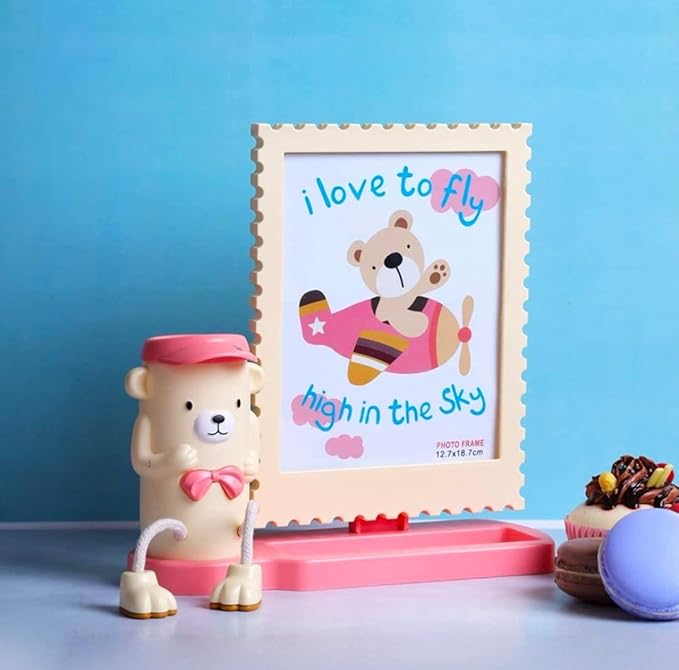 HOME DECOR Quality Material Wall Hanging and Table Top Teddy Desk Organizer & Photo Frame Set for Living Room Office (Cream),Plastic Photo Frames