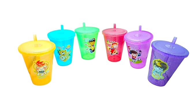 Beautiful Cartoon Theme Sipper with in Built Straw for Birthday Return Gifts-Multicolour- (Pack of 6)