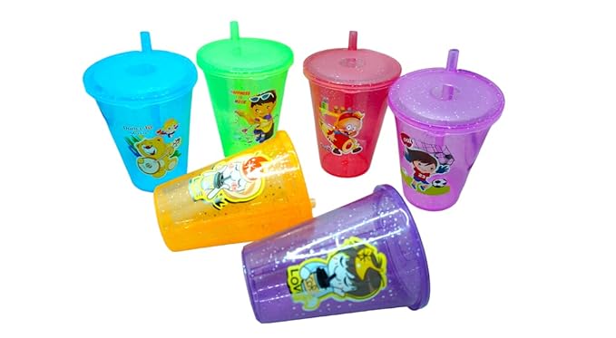 Beautiful Cartoon Theme Sipper with in Built Straw for Birthday Return Gifts-Multicolour- (Pack of 6)