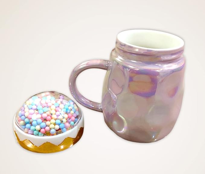 Metallic Holographic Pastel Tea & Coffee Mug with Cute Foam Ball Lid – Pearl Glazed Finish, 410ML Decorative Cup for Home Décor & Gifting (Random Color)