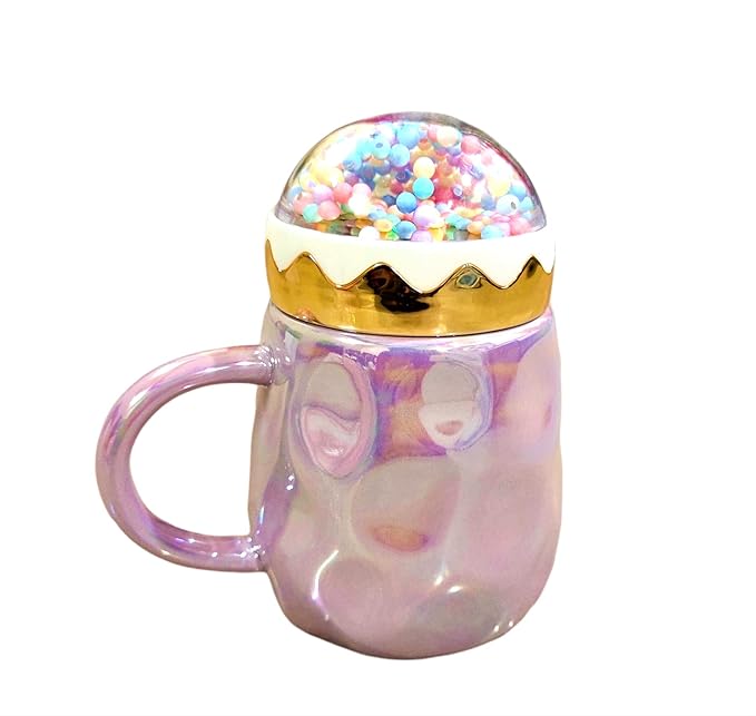 Metallic Holographic Pastel Tea & Coffee Mug with Cute Foam Ball Lid – Pearl Glazed Finish, 410ML Decorative Cup for Home Décor & Gifting (Random Color)
