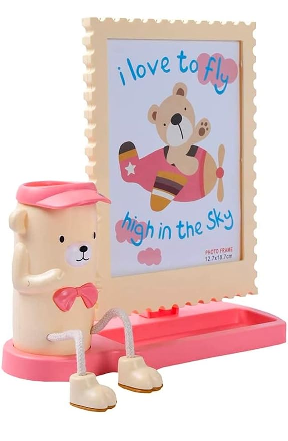 HOME DECOR Quality Material Wall Hanging and Table Top Teddy Desk Organizer & Photo Frame Set for Living Room Office (Cream),Plastic Photo Frames