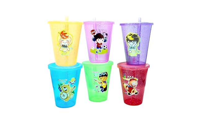 Beautiful Cartoon Theme Sipper with in Built Straw for Birthday Return Gifts-Multicolour- (Pack of 6)
