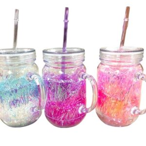 Beautiful Holographic Fancy Mason Jar Acrylic with Reusable-Straw, Hole in Lid and Handle Mug for Drink Milk,Coffee, Juice, Moctail,Shakes, Soft Cold Drinks (Random Colour, 600 ml) 1 pc