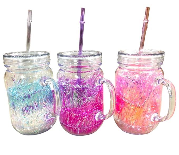 Beautiful Holographic Fancy Mason Jar Acrylic with Reusable-Straw, Hole in Lid and Handle Mug for Drink Milk,Coffee, Juice, Moctail,Shakes, Soft Cold Drinks (Random Colour, 600 ml) 1 pc