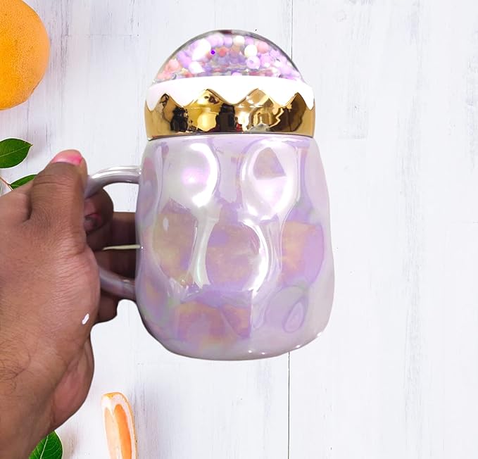 Metallic Holographic Pastel Tea & Coffee Mug with Cute Foam Ball Lid – Pearl Glazed Finish, 410ML Decorative Cup for Home Décor & Gifting (Random Color)