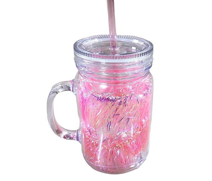 Beautiful Holographic Fancy Mason Jar Acrylic with Reusable-Straw, Hole in Lid and Handle Mug for Drink Milk,Coffee, Juice, Moctail,Shakes, Soft Cold Drinks (Random Colour, 600 ml) 1 pc