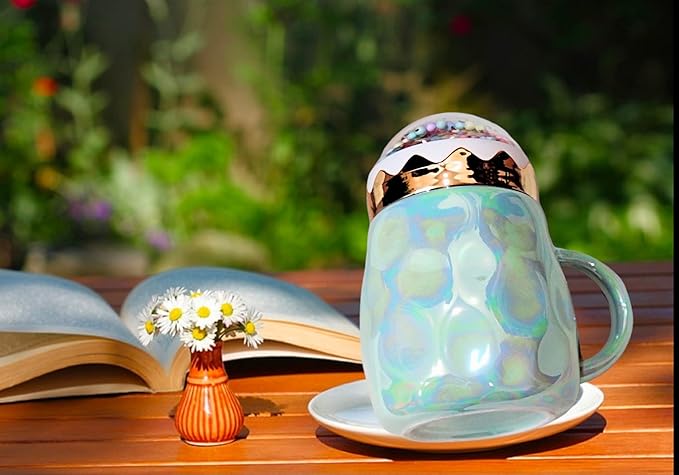 Metallic Holographic Pastel Tea & Coffee Mug with Cute Foam Ball Lid – Pearl Glazed Finish, 410ML Decorative Cup for Home Décor & Gifting (Random Color)