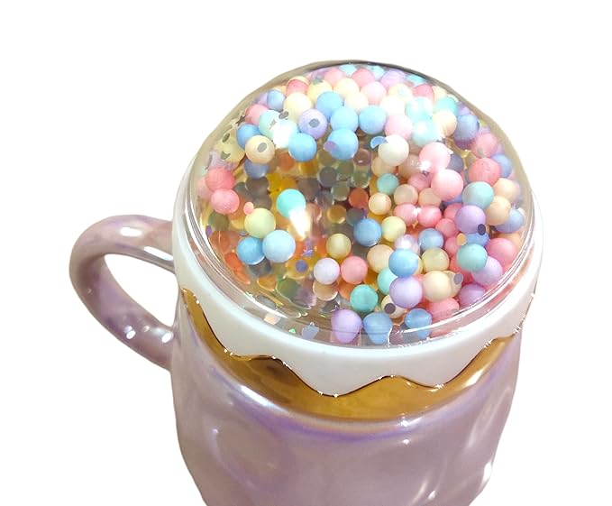 Metallic Holographic Pastel Tea & Coffee Mug with Cute Foam Ball Lid – Pearl Glazed Finish, 410ML Decorative Cup for Home Décor & Gifting (Random Color)