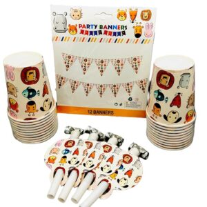 Combo Pack Jungle Safari Theme Party Supplies – 20 Cups, 2 Banner Set & 8 Party Horns | Animal Theme Decoration Kit