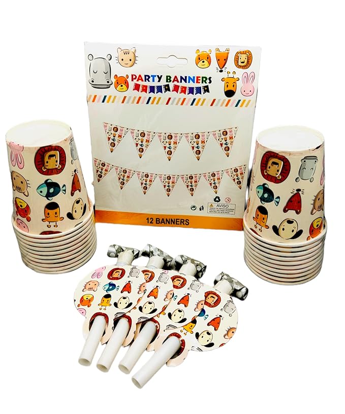 Combo Pack Jungle Safari Theme Party Supplies – 20 Cups, 2 Banner Set & 8 Party Horns | Animal Theme Decoration Kit