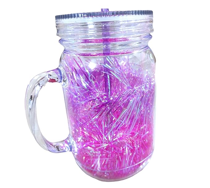 Beautiful Holographic Fancy Mason Jar Acrylic with Reusable-Straw, Hole in Lid and Handle Mug for Drink Milk,Coffee, Juice, Moctail,Shakes, Soft Cold Drinks (Random Colour, 600 ml) 1 pc