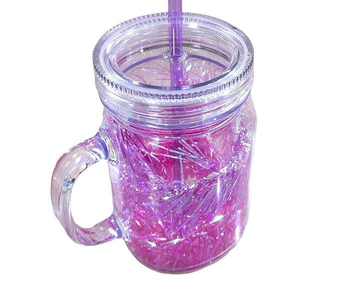 Beautiful Holographic Fancy Mason Jar Acrylic with Reusable-Straw, Hole in Lid and Handle Mug for Drink Milk,Coffee, Juice, Moctail,Shakes, Soft Cold Drinks (Random Colour, 600 ml) 1 pc