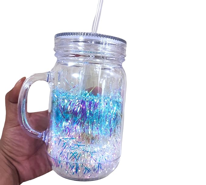 Beautiful Holographic Fancy Mason Jar Acrylic with Reusable-Straw, Hole in Lid and Handle Mug for Drink Milk,Coffee, Juice, Moctail,Shakes, Soft Cold Drinks (Random Colour, 600 ml) 1 pc