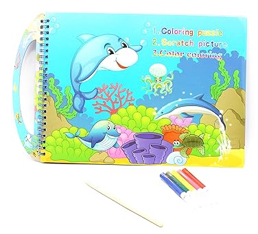 Jumbura 3 in One Coloring Art and Craft Book Set – Puzzle, Scratch Art & Coloring Book for Kids | Enhances Creativity & Imagination