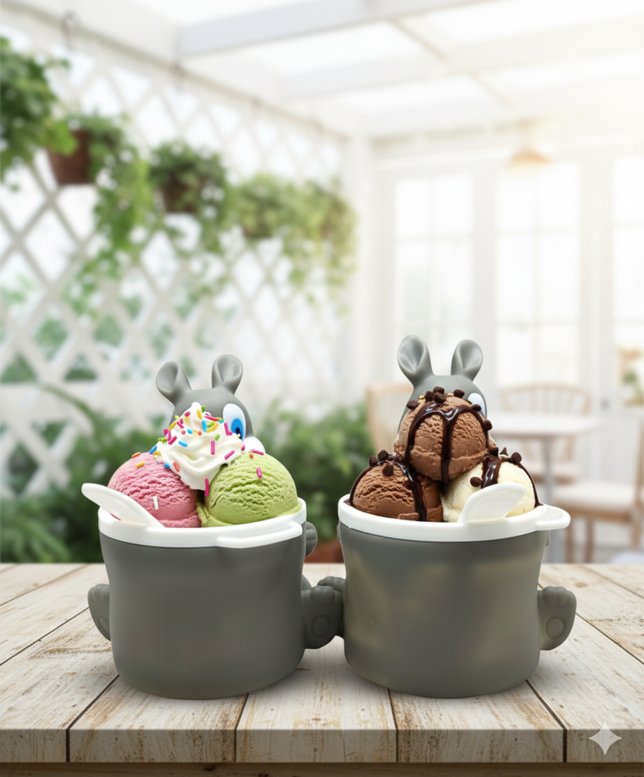 Beautiful Unbreakable Silicone 3D BPA-Free Ice Cream Dessert Serving Bowls Cup with Spoon for Kids (265 ml, Clear) -Pack of 2 pcs(Rabbit & Panda)