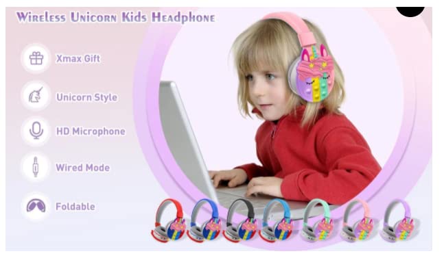 Unicorn Over-Ear Bluetooth Headphones for Kids | Adjustable Headband with Silicone Fidget Pop | Built-in Mic | Wireless Headset for Smartphone, Tablet & Computer (Multicolor)