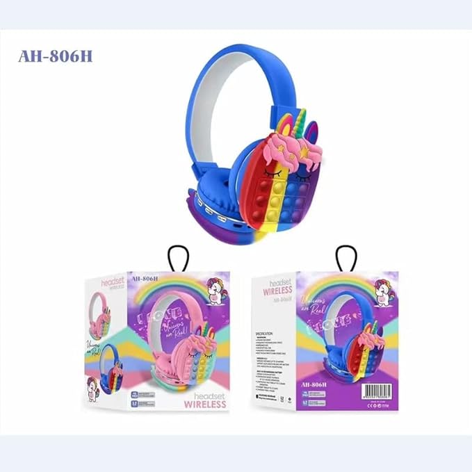 Unicorn Over-Ear Bluetooth Headphones for Kids | Adjustable Headband with Silicone Fidget Pop | Built-in Mic | Wireless Headset for Smartphone, Tablet & Computer (Multicolor)