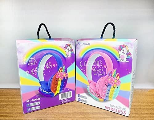 Unicorn Over-Ear Bluetooth Headphones for Kids | Adjustable Headband with Silicone Fidget Pop | Built-in Mic | Wireless Headset for Smartphone, Tablet & Computer (Multicolor)