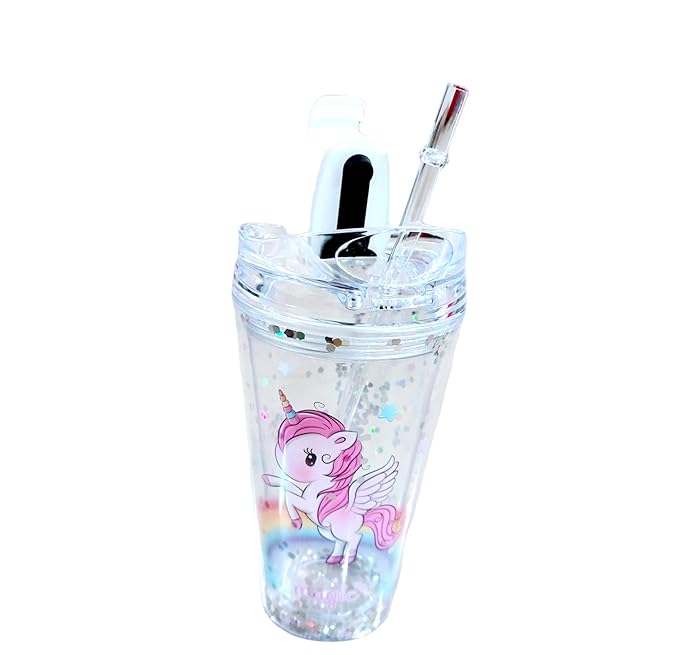 Unicorn Theme Transparent Sipper/Water Bottle/Tumbler 450 ml with Straw for Girls Boys Kids Gifting/Glitter Sipper