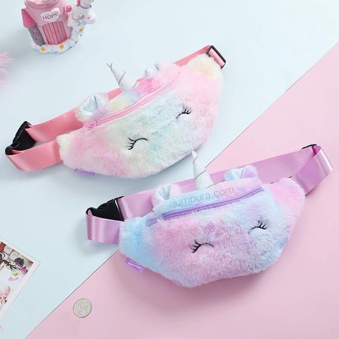 Jumbura Unicorn Waist Bag for Kids – Cute Fur Plush Belt Bag with Adjustable Strap, Small Unicorn Bum Bag for Girls & Boys, Kids Fanny Pack for Travel, Running, Camping (1 Assorted Color)