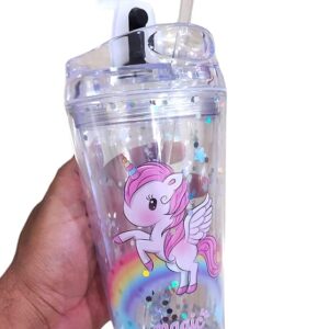 Unicorn Theme Transparent Sipper/Water Bottle/Tumbler 450 ml with Straw for Girls Boys Kids Gifting/Glitter Sipper