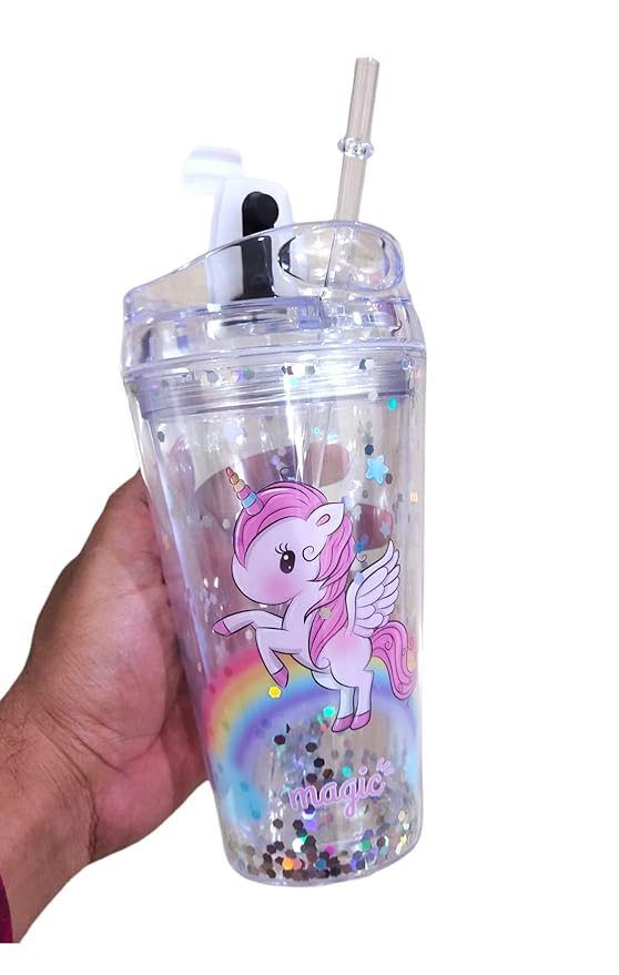 Unicorn Theme Transparent Sipper/Water Bottle/Tumbler 450 ml with Straw for Girls Boys Kids Gifting/Glitter Sipper