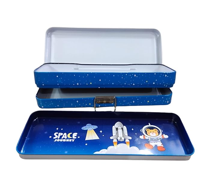 Jumbura Beautiful Space Theme Pencil Box with Multiple Compartment with 2 Pencil 1 Eraser 1 Scale 1 Sharpener for Kids Birthday Return Gift Supply