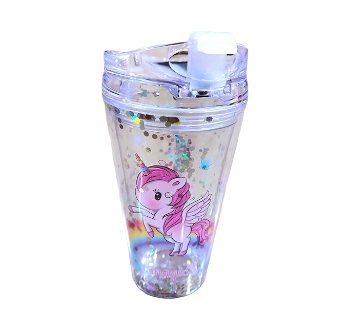 Unicorn Theme Transparent Sipper/Water Bottle/Tumbler 450 ml with Straw for Girls Boys Kids Gifting/Glitter Sipper