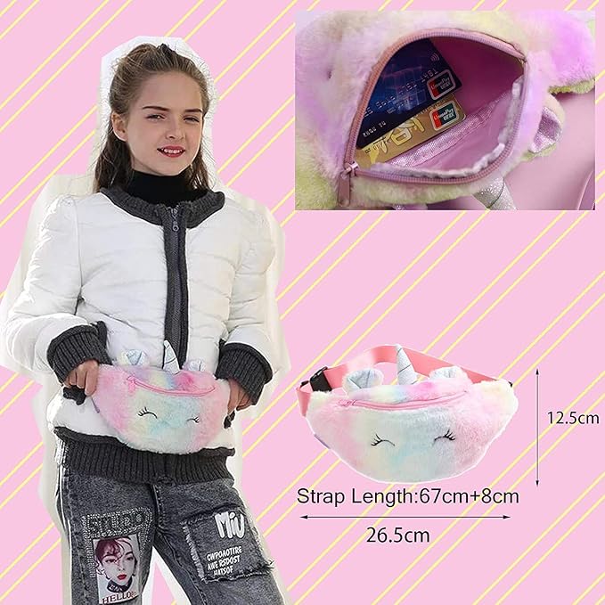 Jumbura Unicorn Waist Bag for Kids – Cute Fur Plush Belt Bag with Adjustable Strap, Small Unicorn Bum Bag for Girls & Boys, Kids Fanny Pack for Travel, Running, Camping (1 Assorted Color)