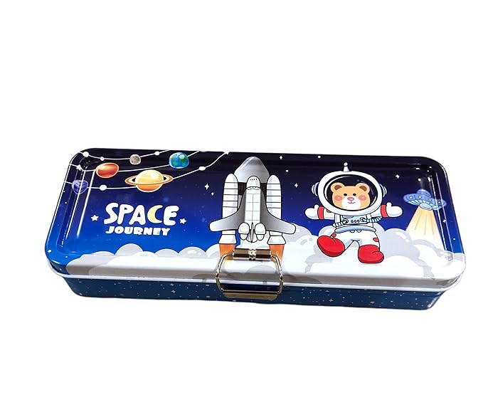 Jumbura Beautiful Space Theme Pencil Box with Multiple Compartment with 2 Pencil 1 Eraser 1 Scale 1 Sharpener for Kids Birthday Return Gift Supply