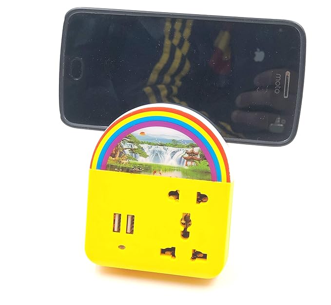 4-in-1 Automatic Sensor Night Lamp – Dual USB Charging Ports, Mobile Stand & Universal Socket (Yellow)